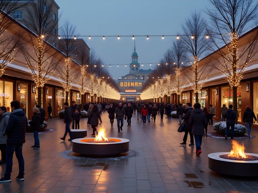 Partridge Creek Mall's central plaza illuminated for winter evening shopping