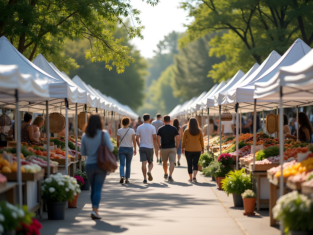 Vibrant outdoor farmers market in Dodge Park with colorful produce displays and shoppers