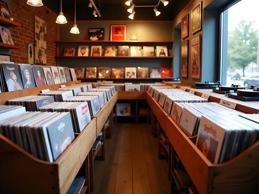 Woman browsing through vinyl records in a cozy record store in Sterling Heights