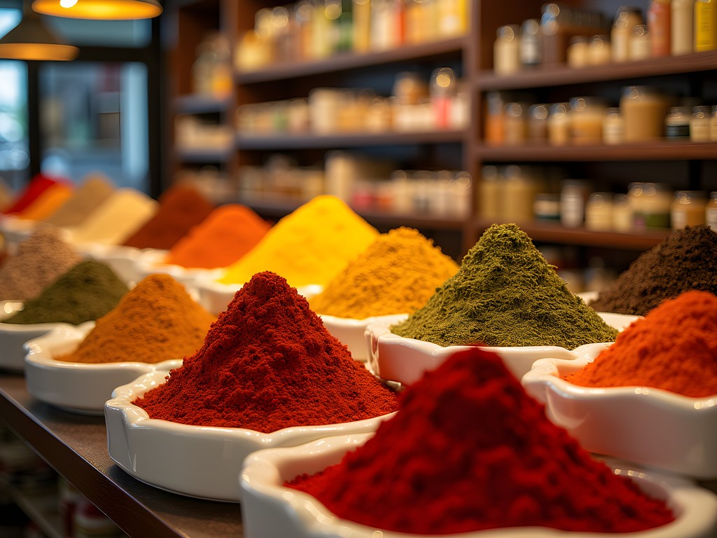 Colorful display of spices and international foods at a specialty market in Sterling Heights