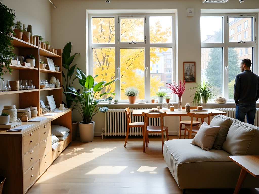 Sustainable design store in Stockholm showcasing eco-friendly Scandinavian products with autumn-themed window display