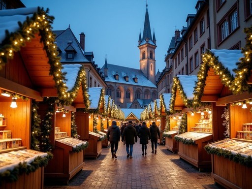 Illuminated Christmas market stalls with Strasbourg Cathedral in the background at dusk