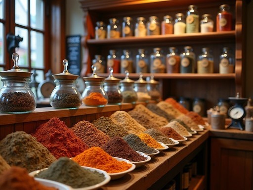 Traditional Alsatian spice shop displaying colorful pain d'épices and spice blends in Strasbourg