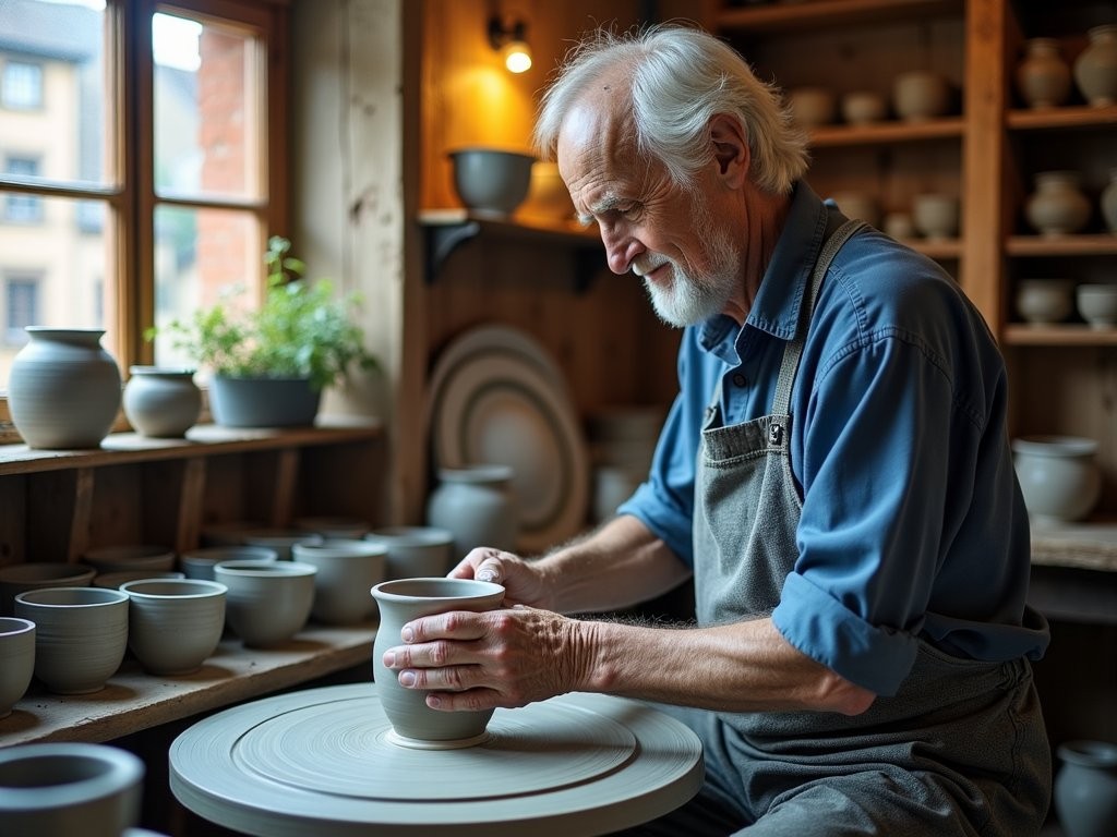 Master potter creating traditional Alsatian ceramics in a workshop in Petite France, Strasbourg
