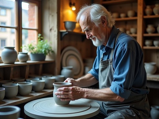 Master potter creating traditional Alsatian ceramics in a workshop in Petite France, Strasbourg