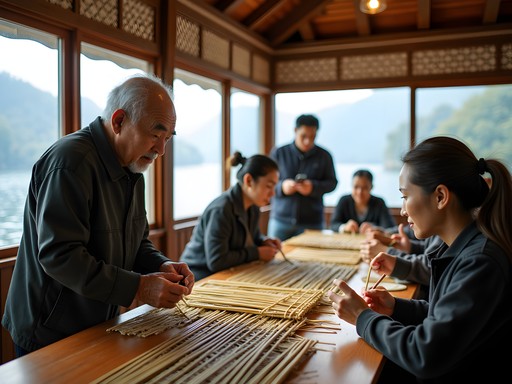 Tourists participating in traditional bamboo craft workshop with Thao instructor