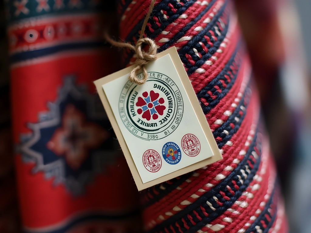 Close-up of Taiwan indigenous craft certification mark on handwoven textile