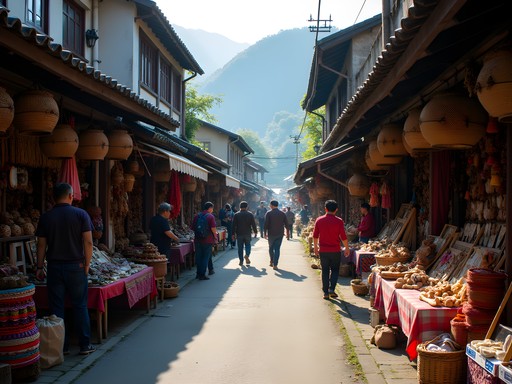 Morning activity at Ita Thao Indigenous Market with vendors setting up colorful craft displays