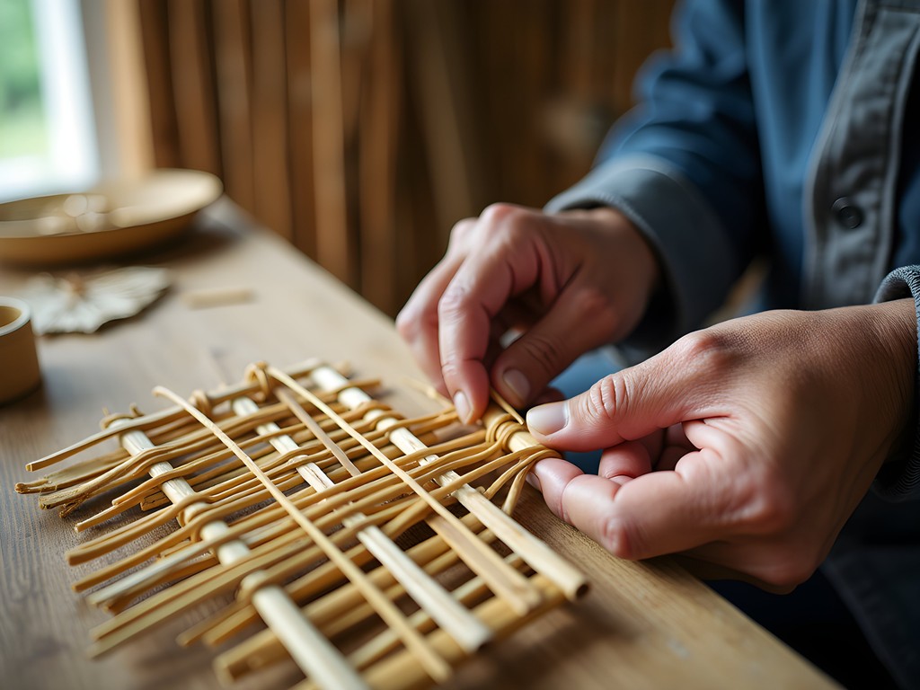 Thao artisan demonstrating traditional bamboo fish trap making techniques