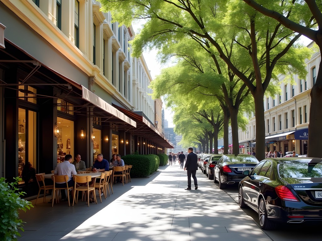 Elegant tree-lined shopping street in Double Bay with upscale boutiques and outdoor cafes