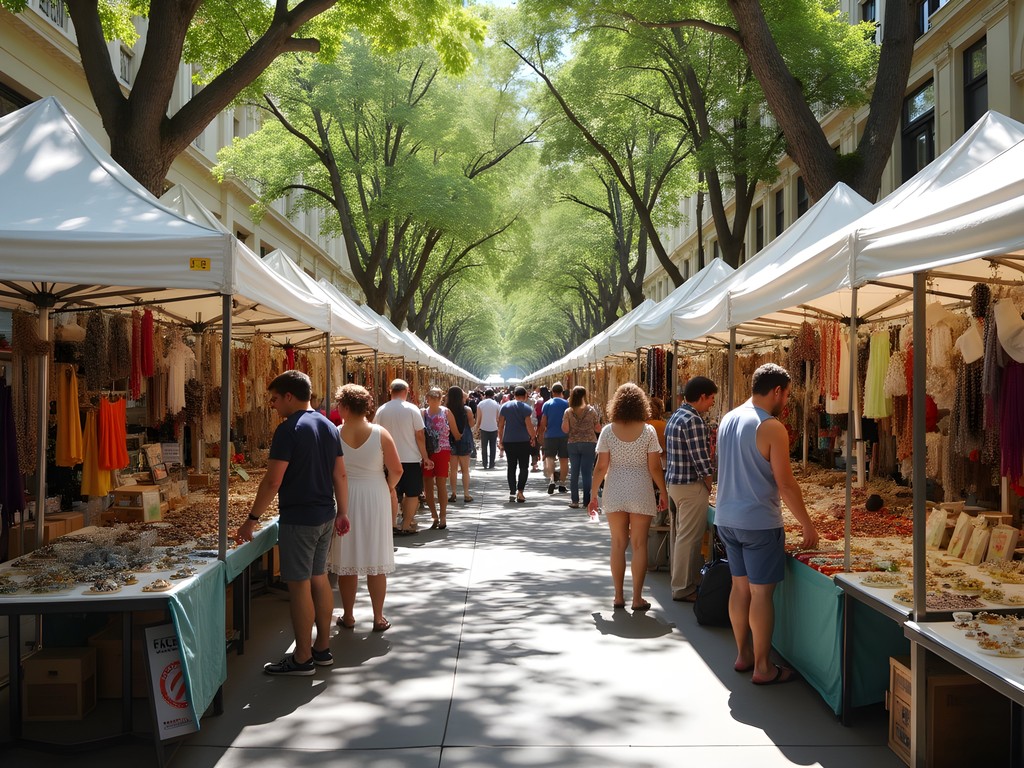 Vibrant outdoor market stalls at Paddington Markets with shoppers browsing handmade goods