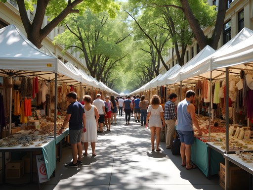 Vibrant outdoor market stalls at Paddington Markets with shoppers browsing handmade goods