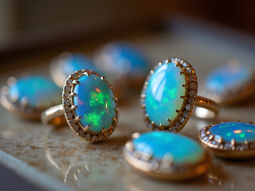 Display of Australian opals in elegant jewelry setting with blue and green fire colors