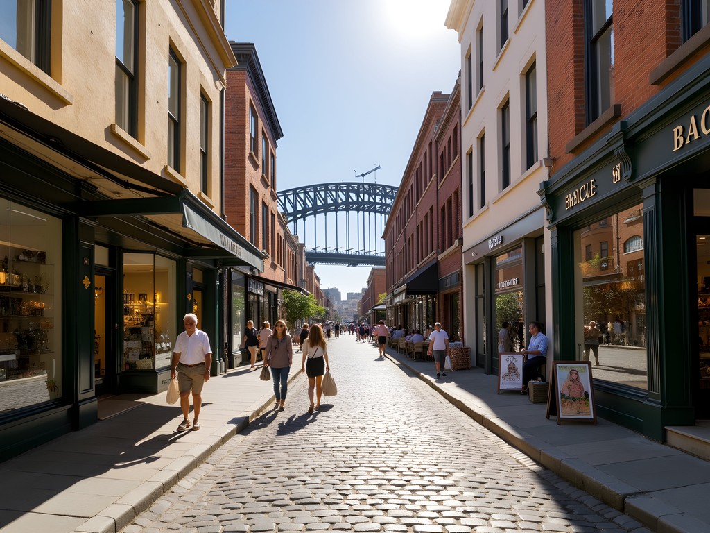 Cobblestone shopping street in The Rocks district with Sydney Harbor Bridge in background