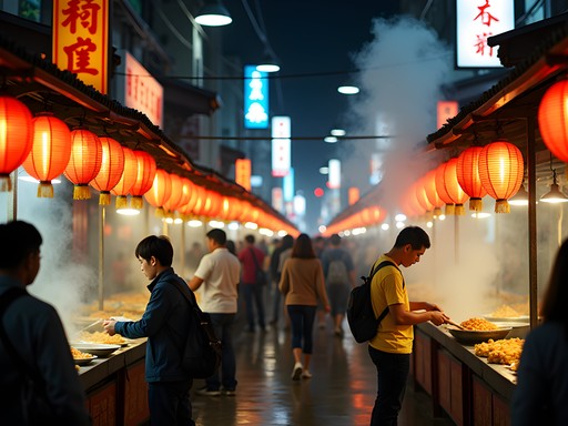 Colorful food stalls at Dongdamen Night Market in Hualien, Taiwan
