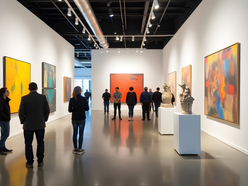 Contemporary art gallery interior in Trenton with paintings and sculptures on display