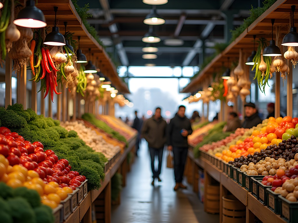 Bustling interior of Trenton Farmers Market with diverse vendor stalls and colorful produce displays