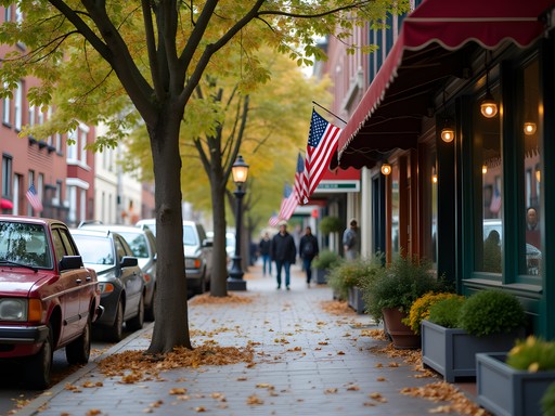 Tree-lined street in Trenton New Jersey with vintage shop fronts and parked cars