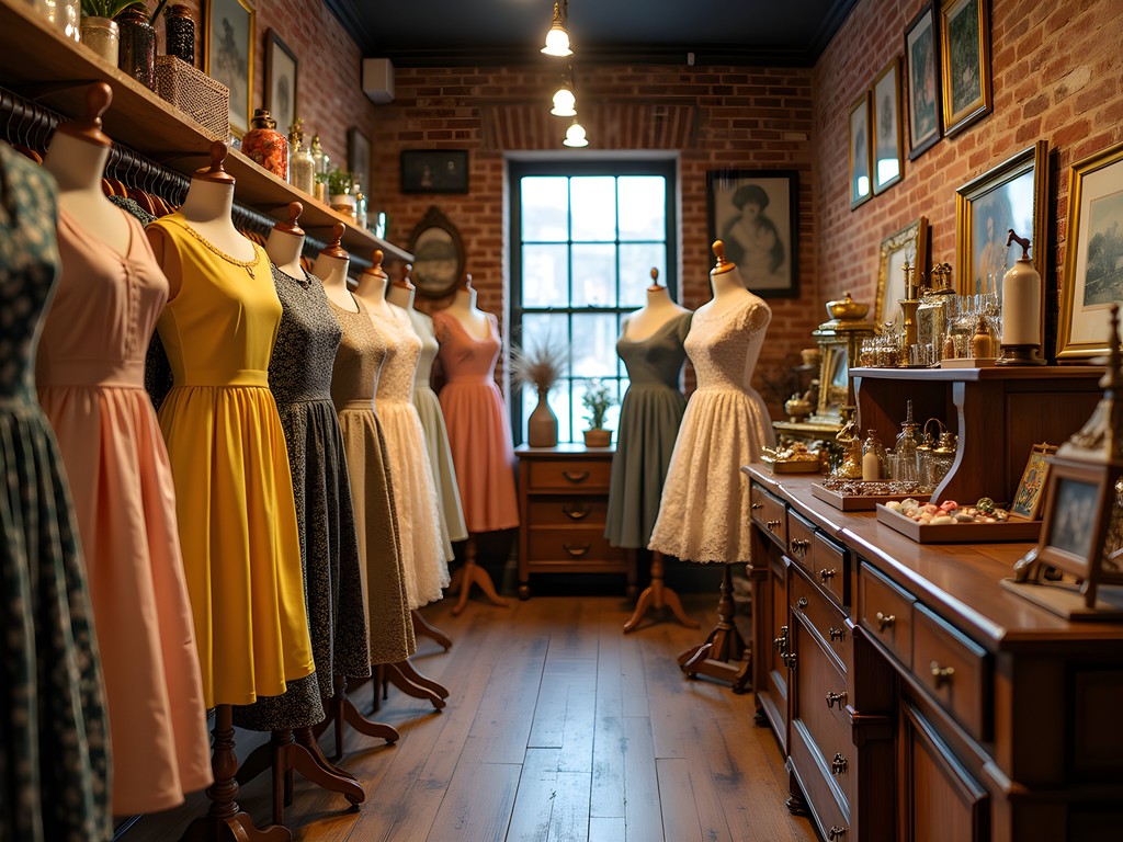 Curated vintage clothing display in Trenton boutique with 1950s dresses and accessories