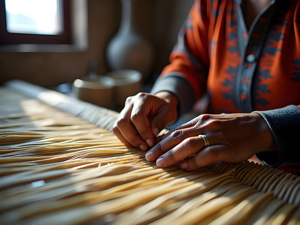 Indigenous artisan weaving palm fibers in Trinidad, Bolivia
