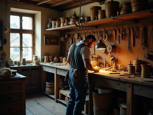 Traditional Viennese craftsman working in historic workshop with handtools