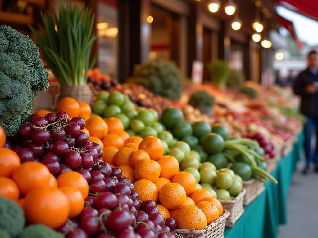 Colorful display of local produce and specialty foods at Vienna's Karmelitermarkt