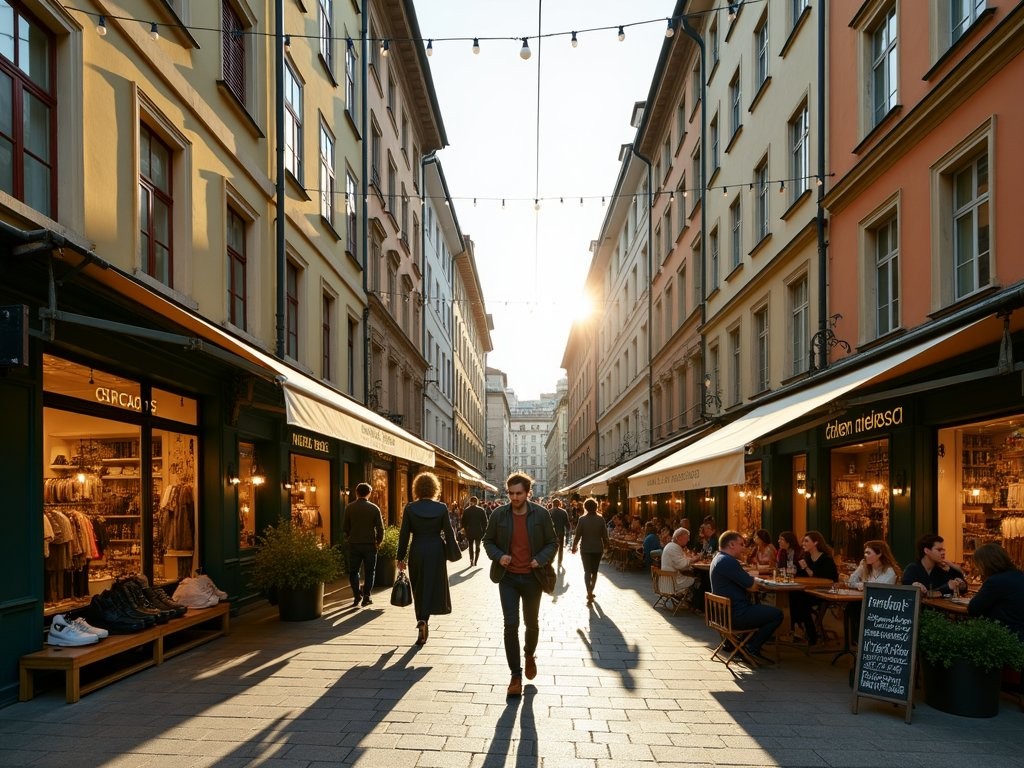 Stylish shopping street in Vienna's 7th district with independent boutiques and cafes