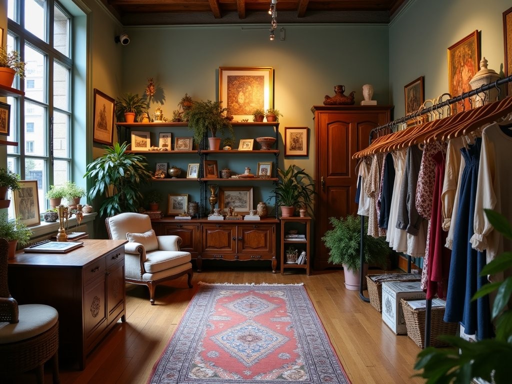 Stylish interior of a curated vintage boutique in Vienna's 7th district