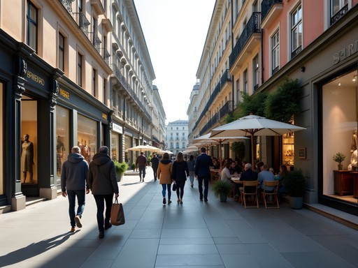 Busy Mariahilfer Straße shopping street in Vienna with diverse retail options