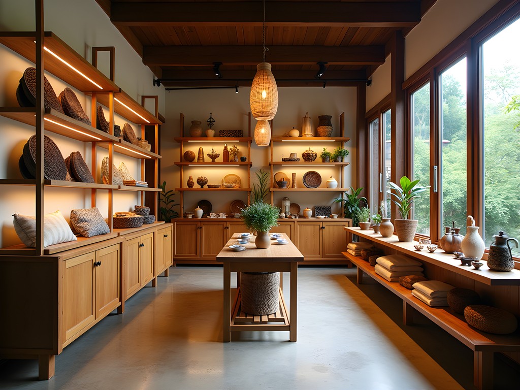 Interior of a stylish artisan boutique in Vientiane displaying handcrafted Laotian goods