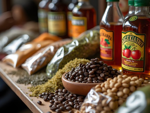 Display of Laotian spices, coffee beans, and food souvenirs at a local Vientiane market