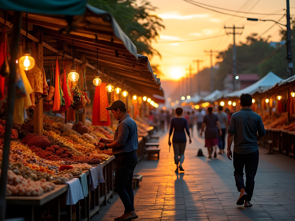 Vientiane Night Market along the Mekong River at sunset with colorful stalls and vendors
