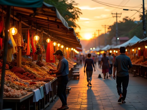 Vientiane Night Market along the Mekong River at sunset with colorful stalls and vendors