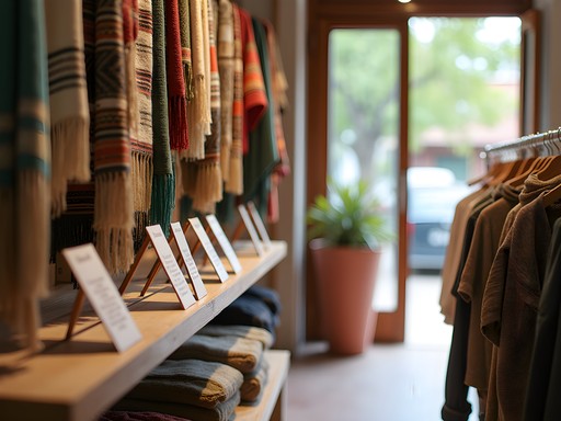 Sustainable handwoven textiles at a social enterprise shop in Vientiane with artisan information