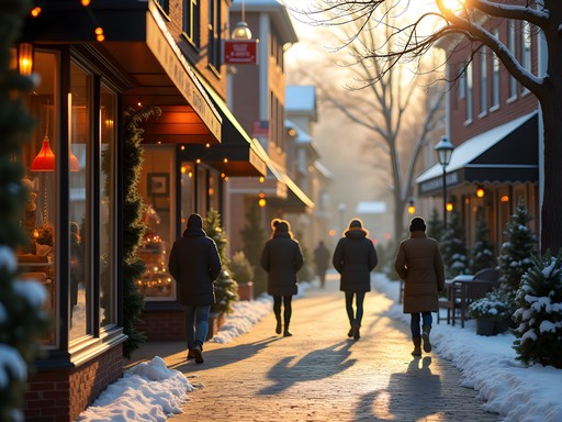 Historic Apponaug Village in Warwick with artisan shops and light winter snow