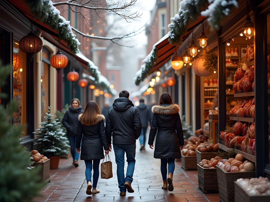 Diverse international shops at Thayer Street Outpost in Warwick with winter holiday decorations