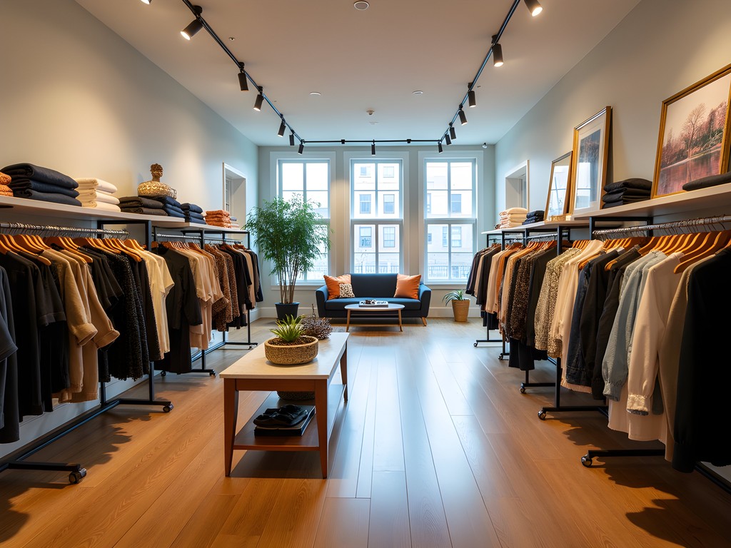 Elegant boutique interior in West Hartford Center with luxury clothing displays