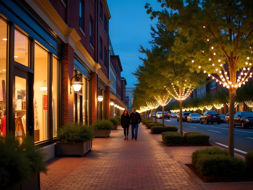 West Hartford Center at dusk with illuminated storefronts and string lights