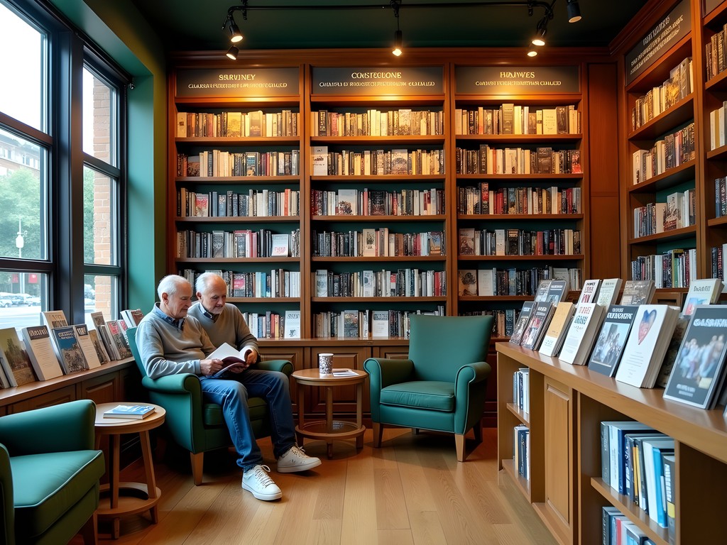 Couple browsing books together in independent bookstore in West Hartford Connecticut