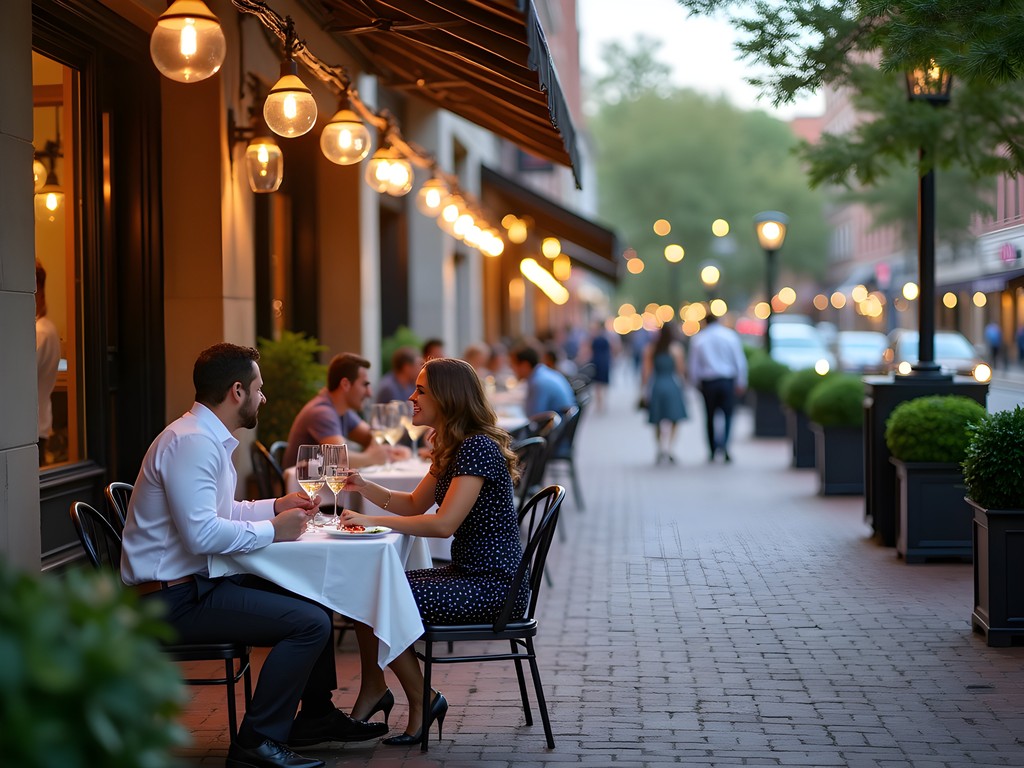 Elegant outdoor dining area in Blue Back Square with couples enjoying meals at bistro tables