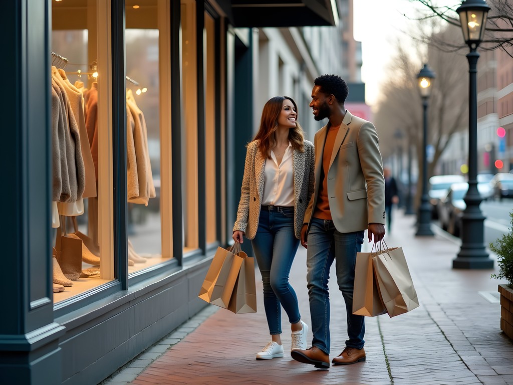 Couple shopping together at Blue Back Square, examining merchandise with shopping bags in hand