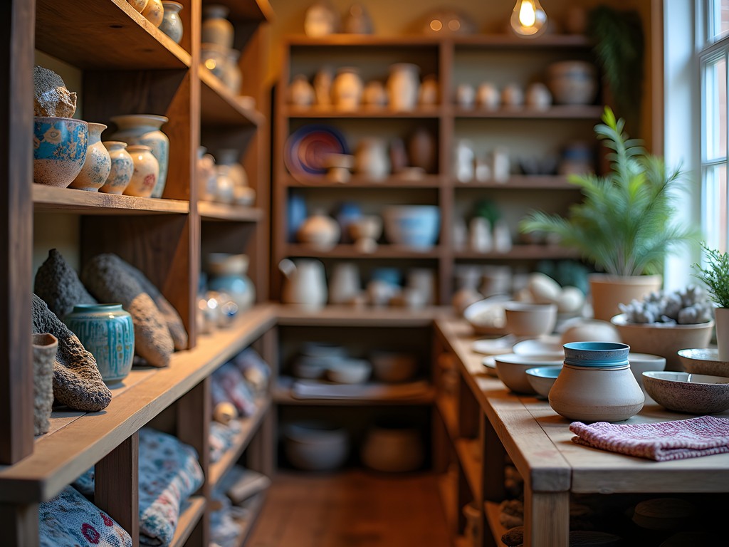 Woman examining handcrafted goods with mindful attention in an artisanal shop at Blue Back Square