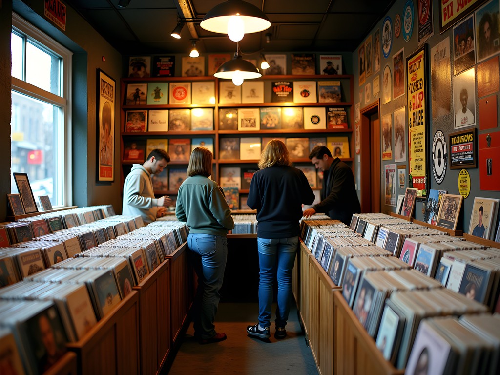 Vintage vinyl record store in Westland Michigan with customer browsing collection