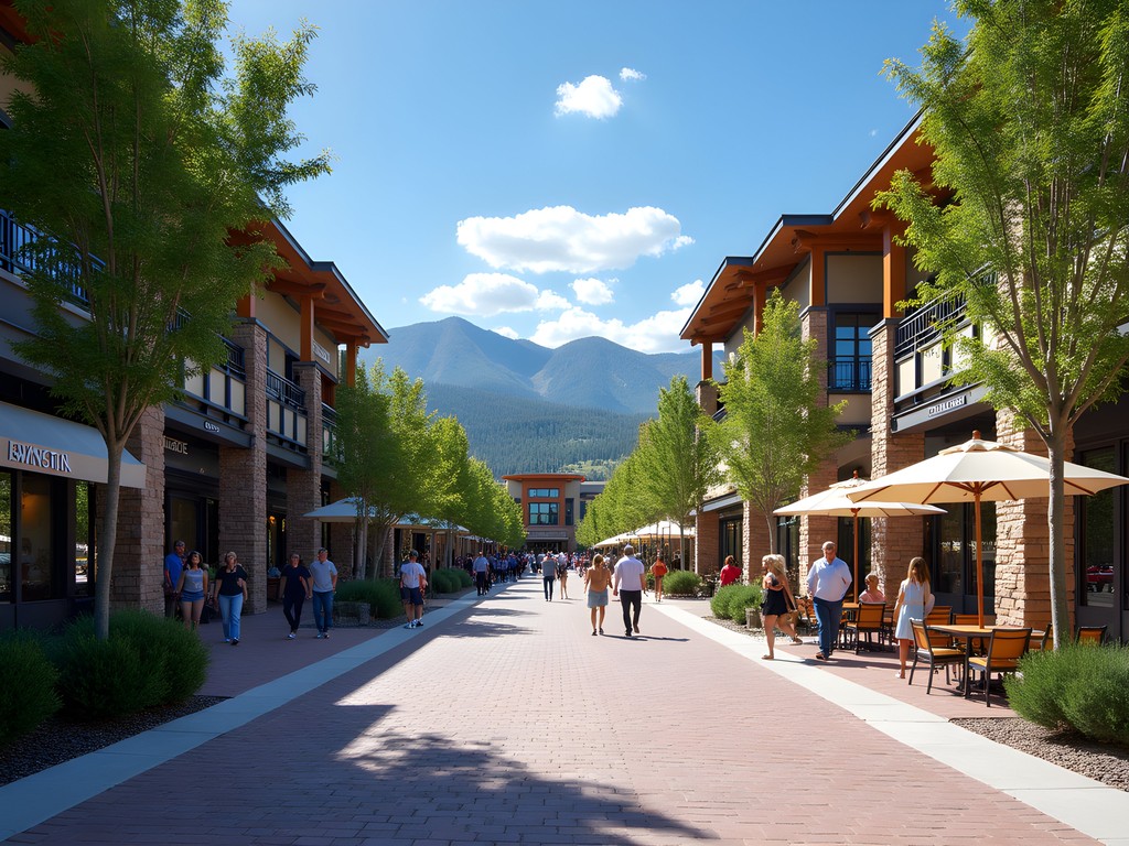 Orchard Town Center outdoor shopping mall in Westminster Colorado with mountain views