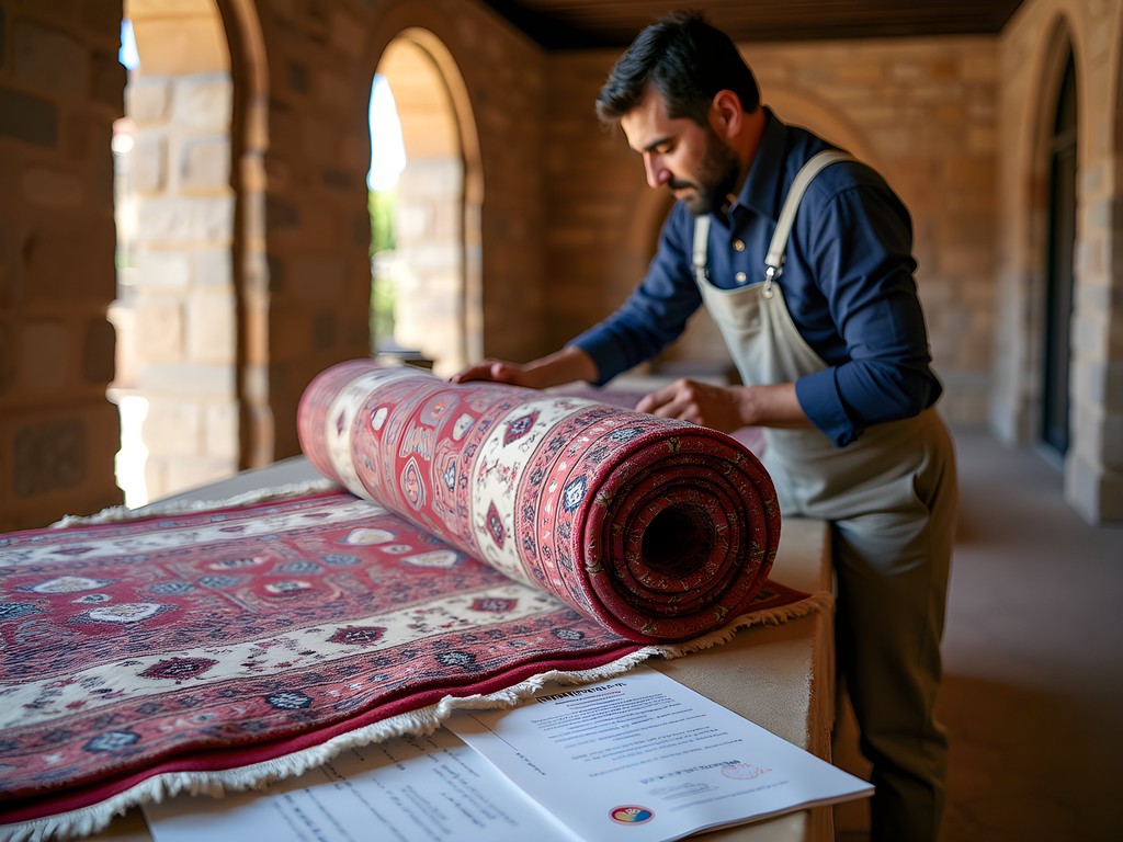 Careful packing of Persian carpet for international transport