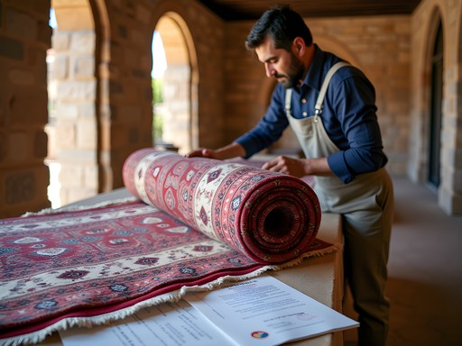 Careful packing of Persian carpet for international transport