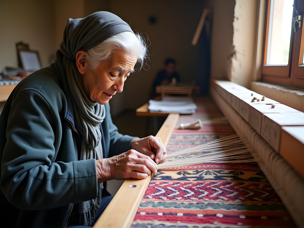 Traditional carpet weaving demonstration in family workshop in Yazd