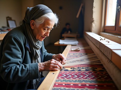Traditional carpet weaving demonstration in family workshop in Yazd