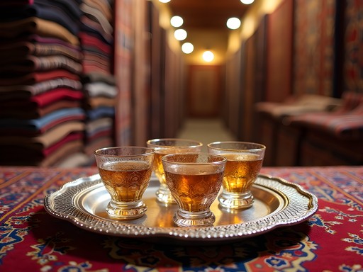 Traditional tea service during carpet negotiation in Yazd bazaar