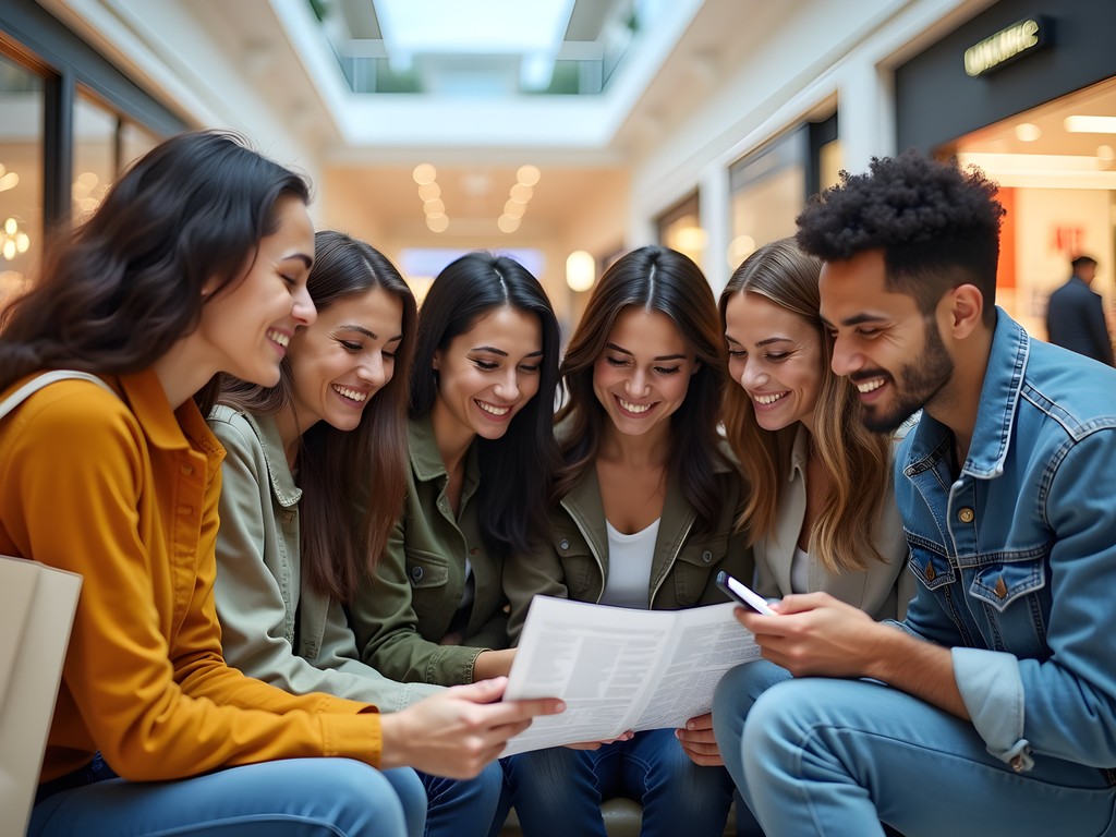 Group of friends coordinating their shopping strategy at a Yonkers mall